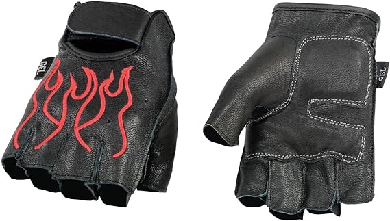 SH198 Men's Black and Grey Leather Flamed Embroidered Fingerless Gloves