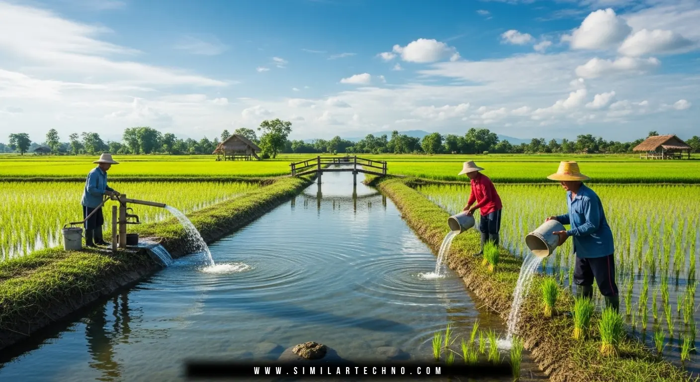Water flows from canals to irrigate agricultural land.